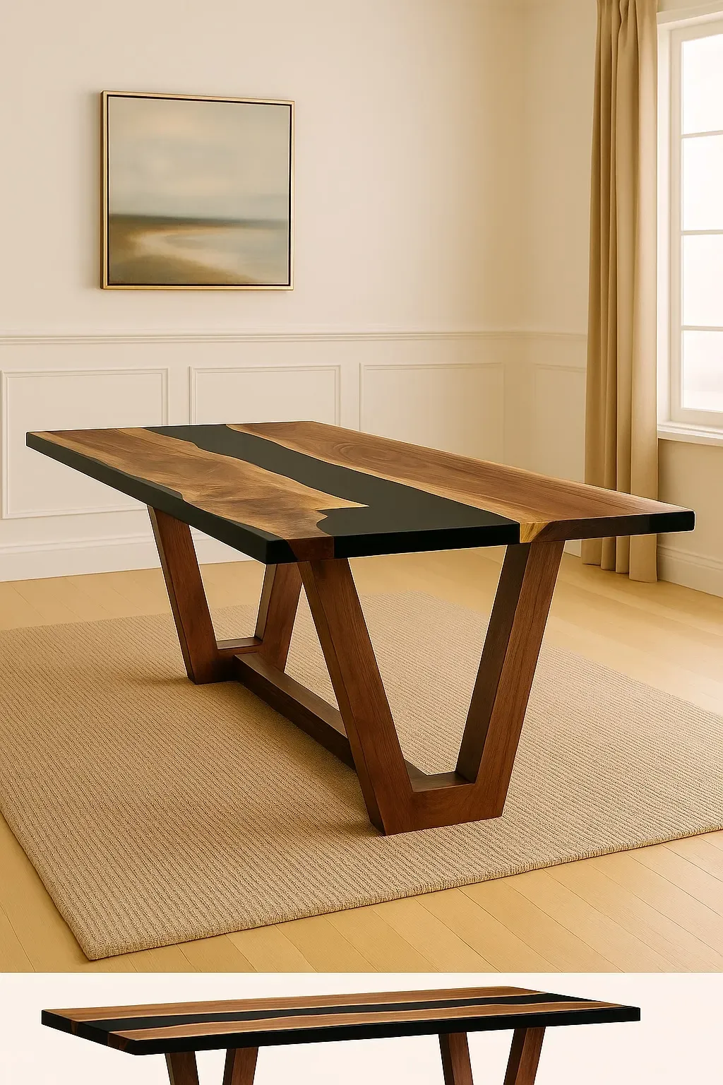 A bold, modern silhouette with a distinctive V-leg base, the Aventura Table combines sleek geometry with natural live-edge charm.
