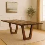 The Aventura Table without epoxy is a sleek, handcrafted hardwood table with clean lines and a minimalist V-leg base. Custom-built for modern dining spaces.