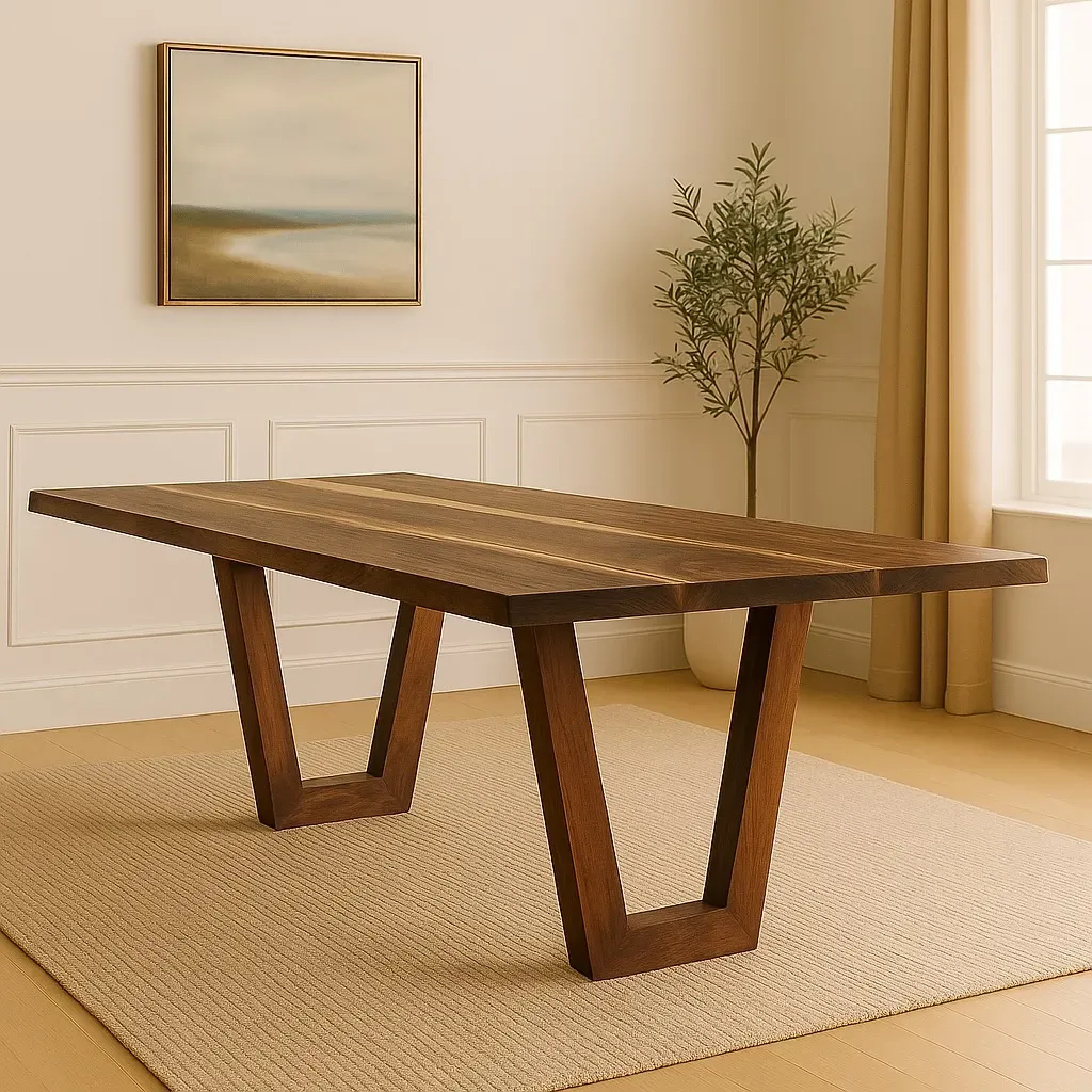 The Aventura Table without epoxy is a sleek, handcrafted hardwood table with clean lines and a minimalist V-leg base. Custom-built for modern dining spaces.