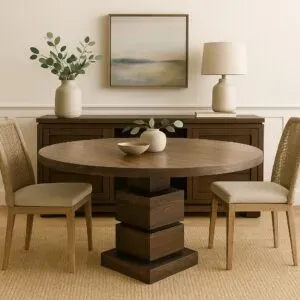 The Matanzas Elevated Pedestal table blends modern monastic form with coastal sophistication. A stacked pedestal base anchors the round top with architectural grace.