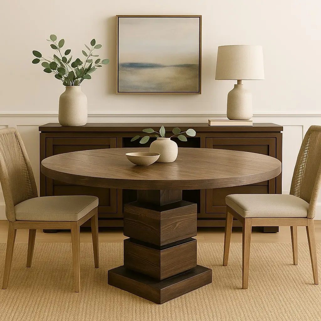 The Matanzas Elevated Pedestal table blends modern monastic form with coastal sophistication. A stacked pedestal base anchors the round top with architectural grace.