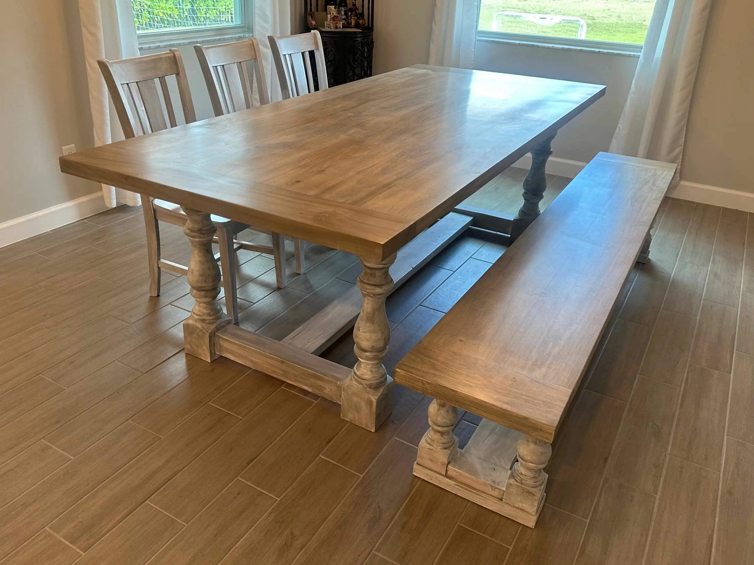 Custom hardwood Monastery Leg and Bench, made with love in Florida by orchid wood co