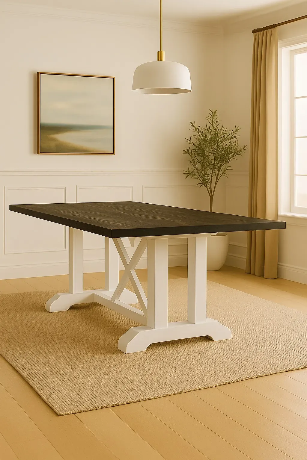 Port Salerno Dining Table – White Trestle Base with Dark Wood Top | Modern Coastal Farmhouse